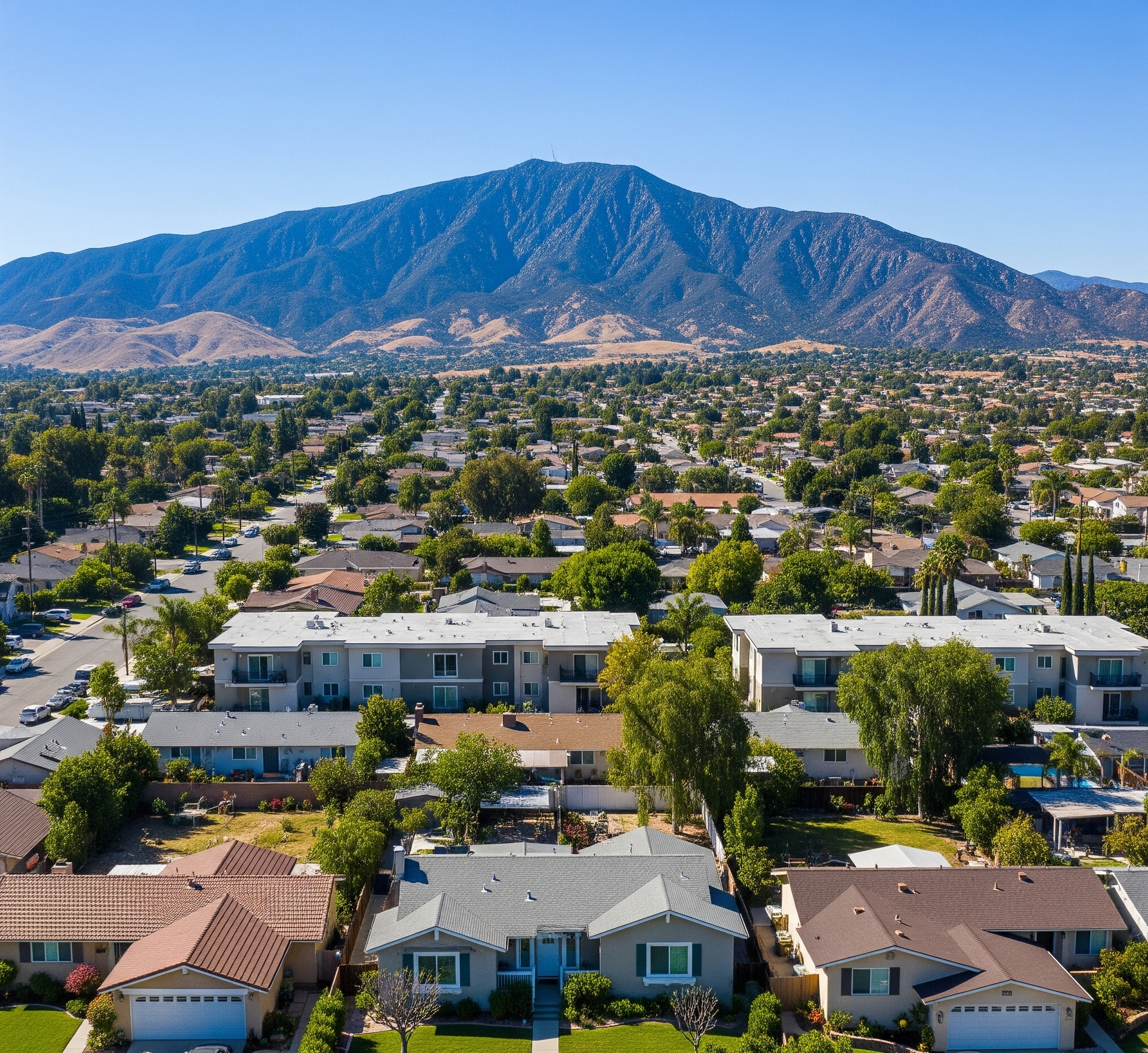 Grand Terrace, California, Focusing On Its Residential Areas With Blue Mountain In The Background